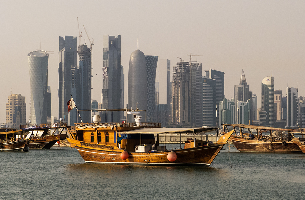 Traditional boats and the West Bay skyline from Doha Corniche