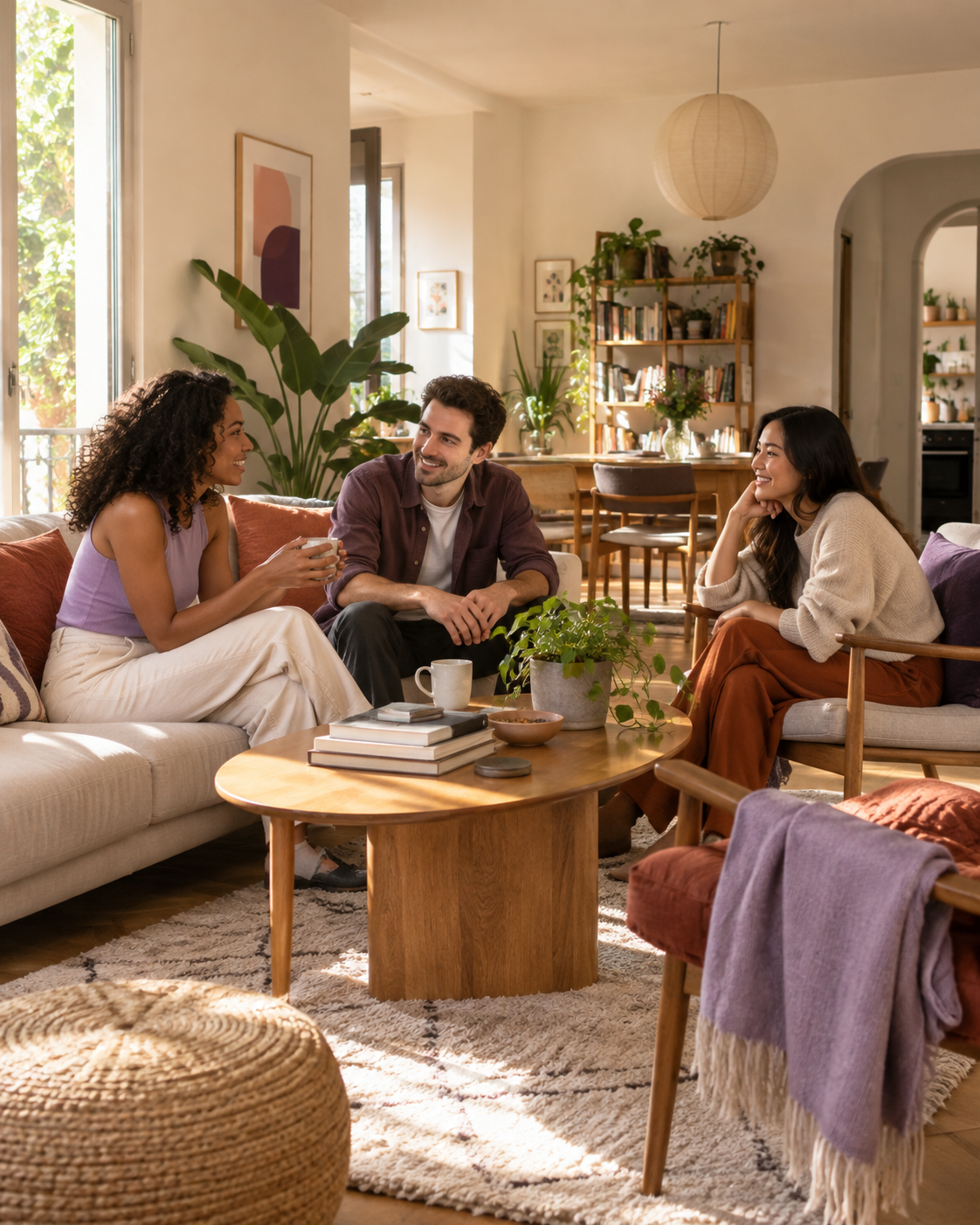 Illustration of housemates sharing a relaxed conversation in a sunlit living room