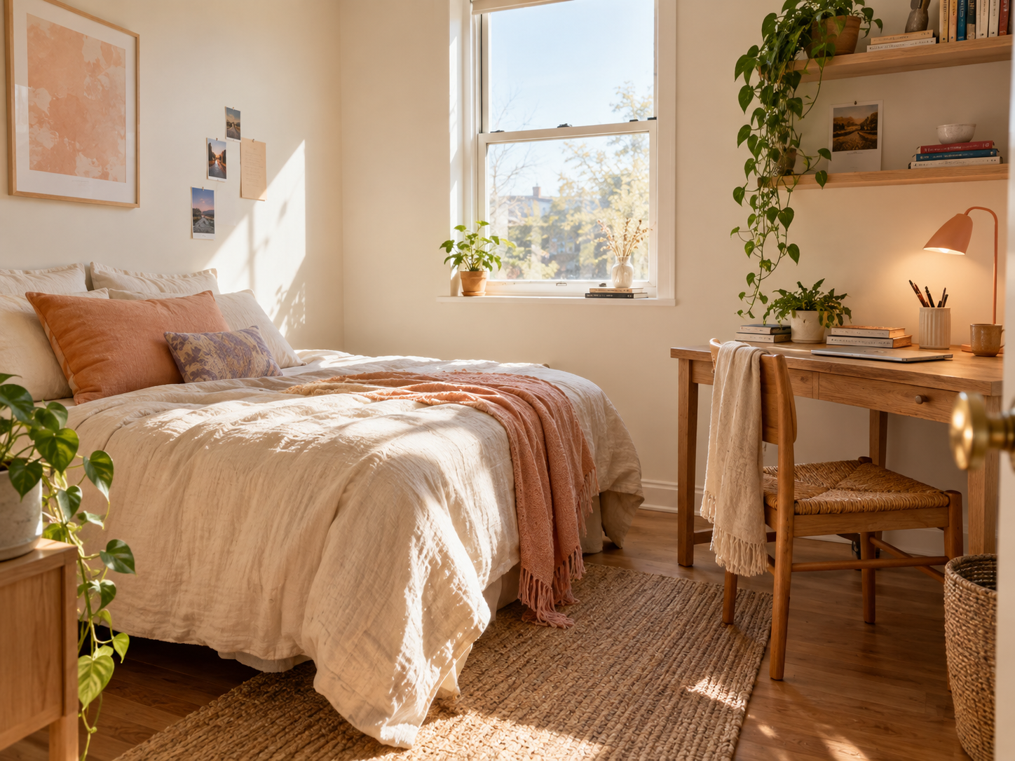 A bright private room with a bed and space to settle in