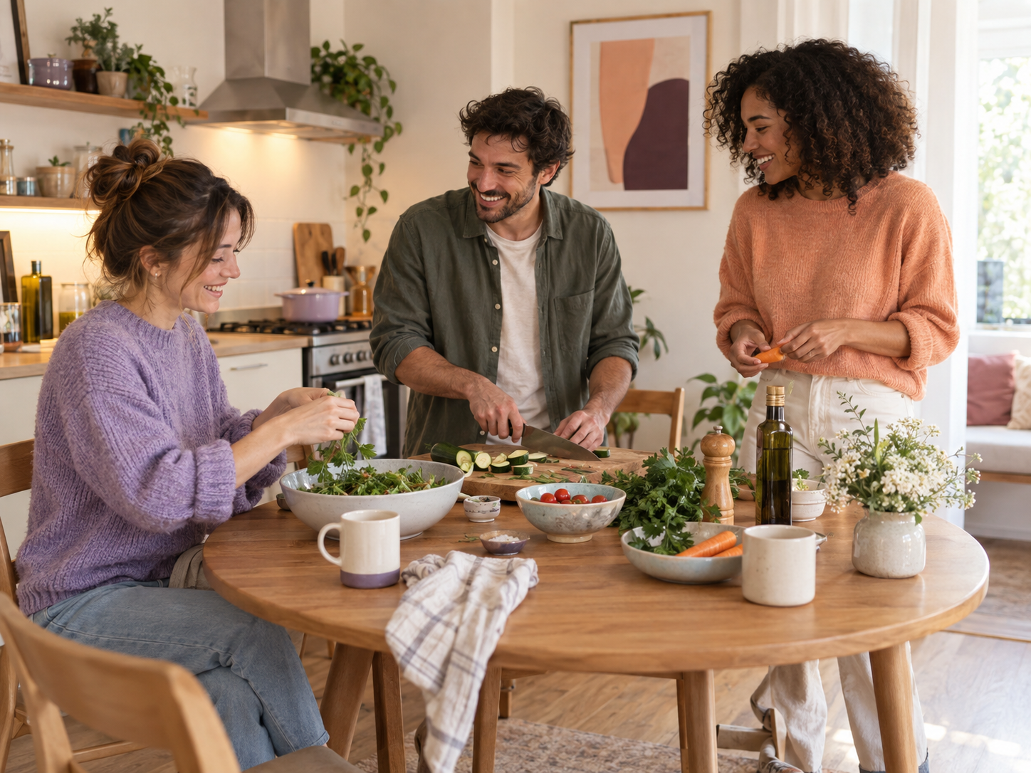 Young adults enjoying time together around a shared dining table